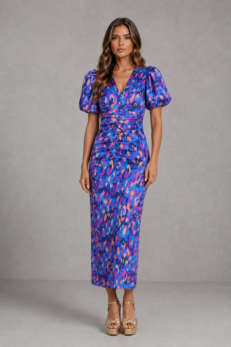 Women’s Printed Puff Sleeve Midi Dress with V-Neck for Summer Occasion Wear