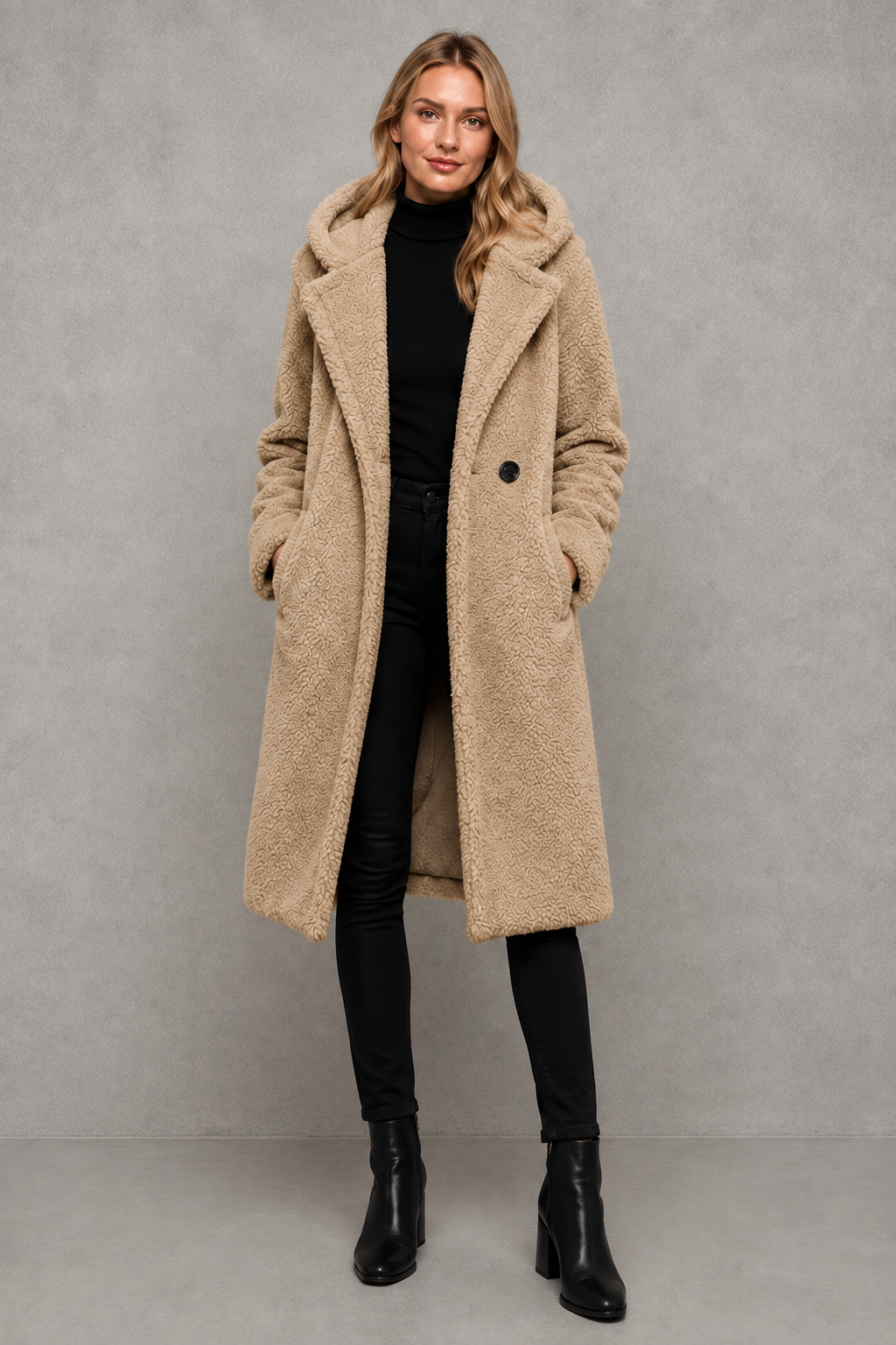 Women's quilted longline coat with a padded design, protective hood, deep side pockets and a relaxed fit, offering warm, lightweight comfort for autumn and winter wear.
