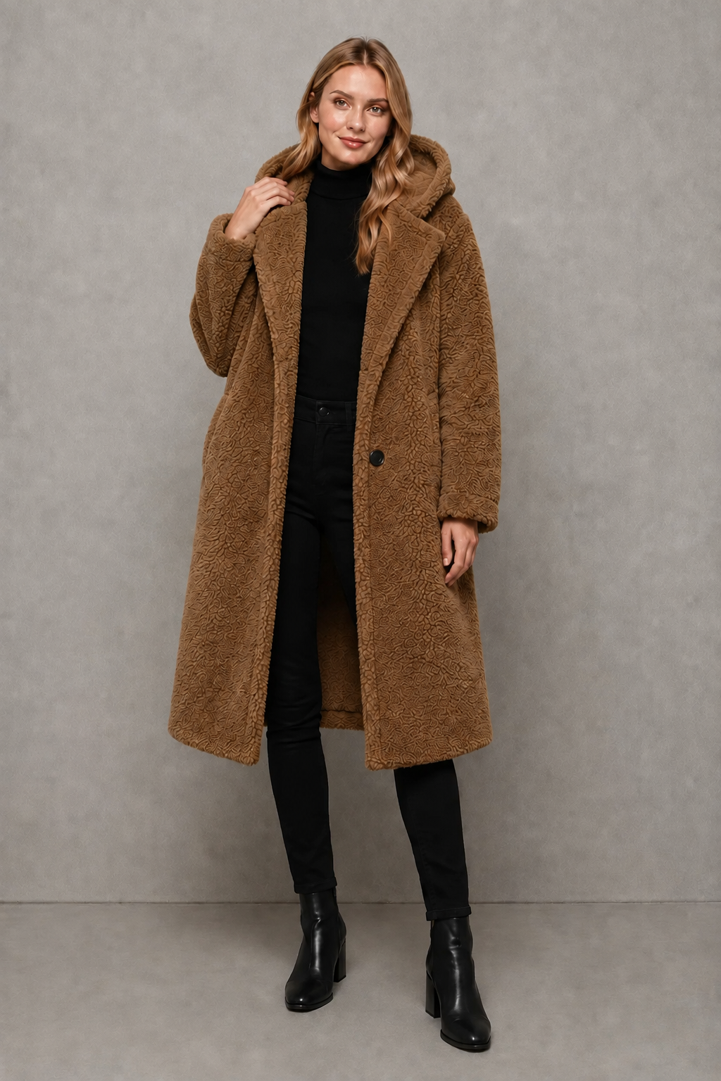 Women's quilted longline coat with a padded design, protective hood, deep side pockets and a relaxed fit, offering warm, lightweight comfort for autumn and winter wear.