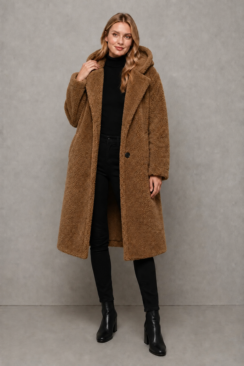 Women's quilted longline coat with a padded design, protective hood, deep side pockets and a relaxed fit, offering warm, lightweight comfort for autumn and winter wear.