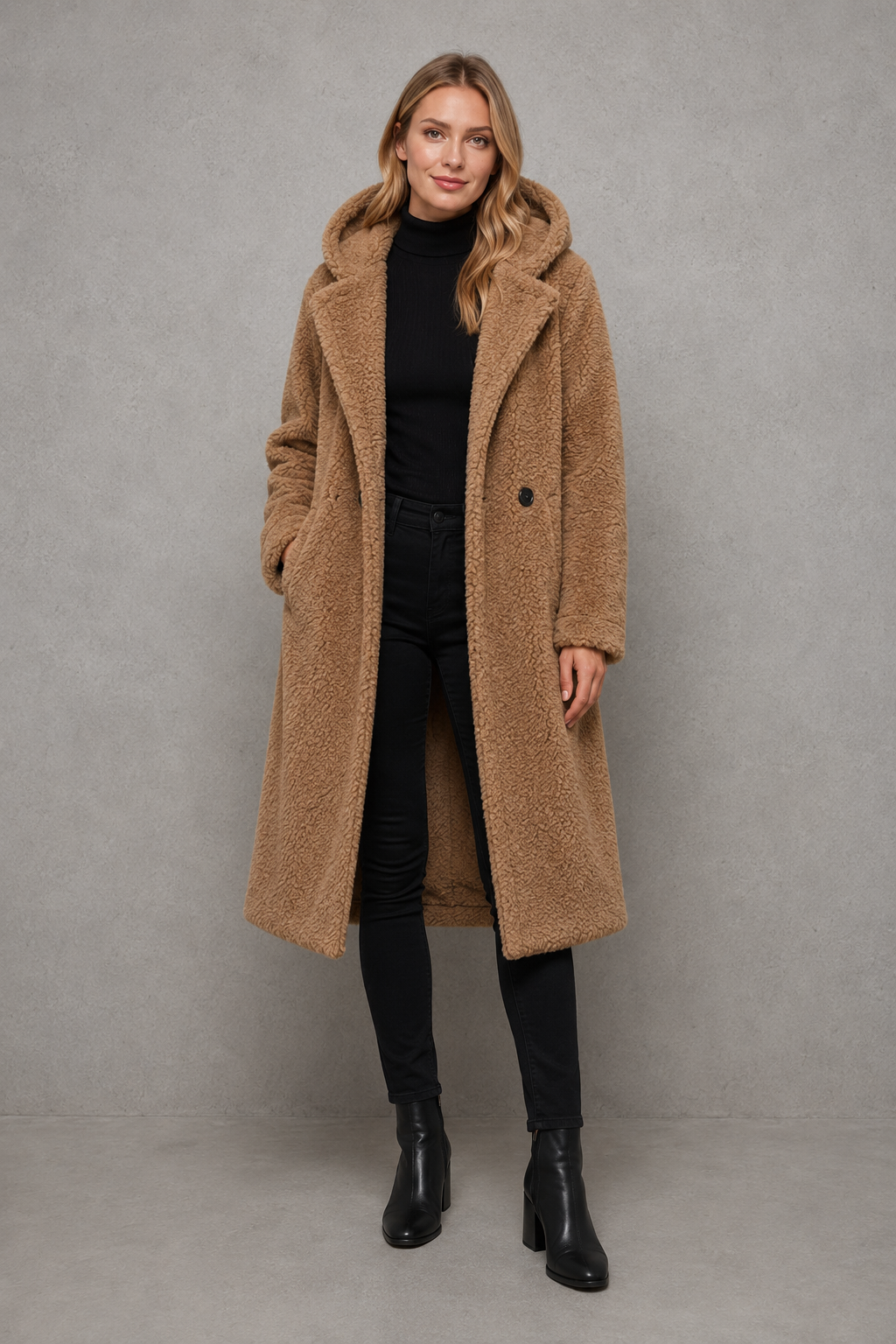 Women's quilted longline coat with a padded design, protective hood, deep side pockets and a relaxed fit, offering warm, lightweight comfort for autumn and winter wear.