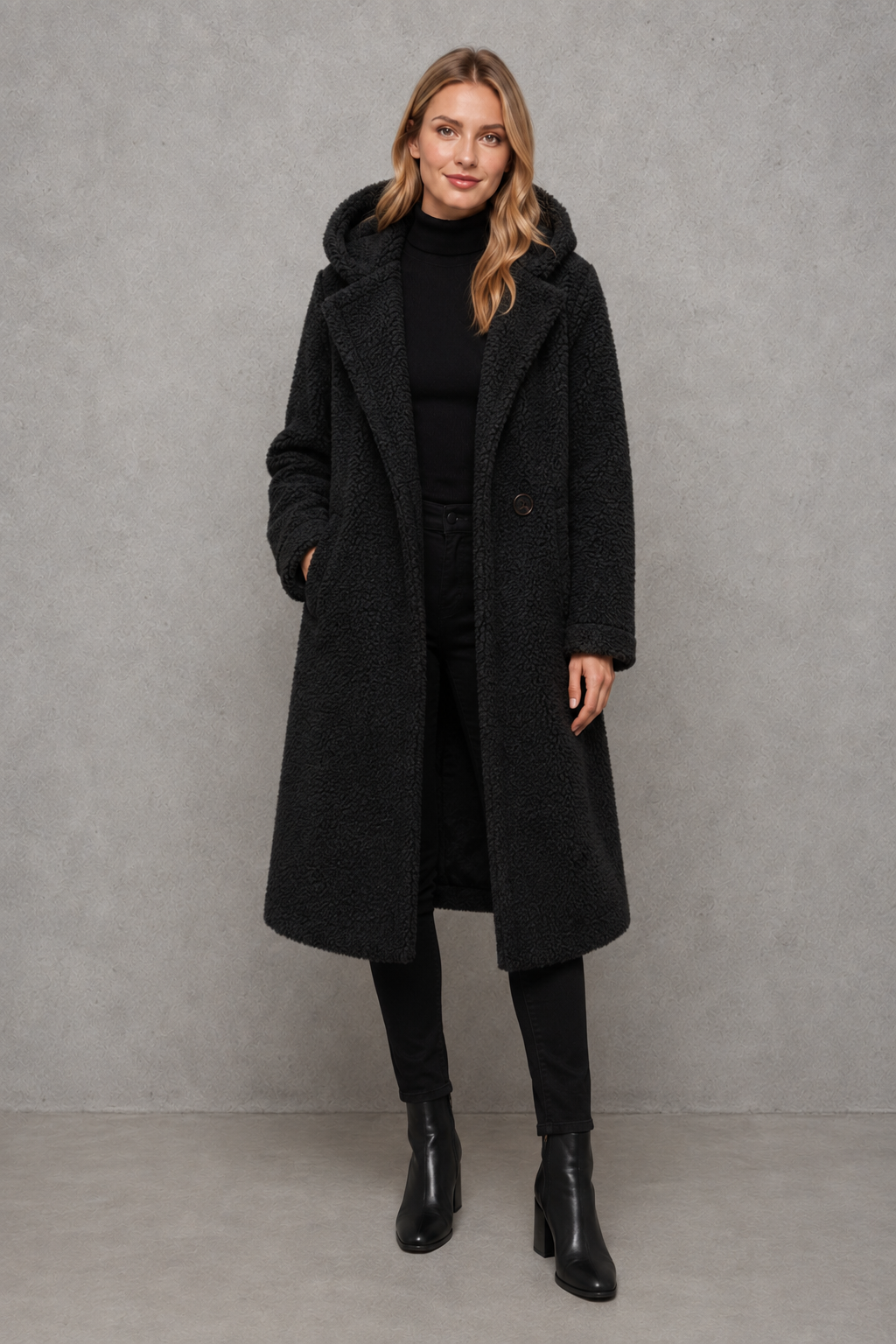 Women's quilted longline coat with a padded design, protective hood, deep side pockets and a relaxed fit, offering warm, lightweight comfort for autumn and winter wear.
