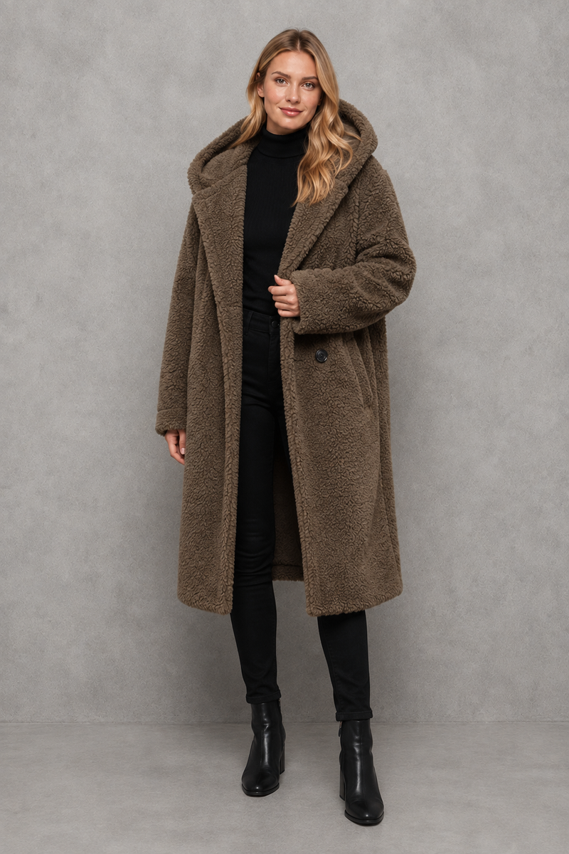 Women's quilted longline coat with a padded design, protective hood, deep side pockets and a relaxed fit, offering warm, lightweight comfort for autumn and winter wear.