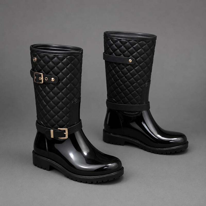 Women's quilted plaid mid-calf rain boots with a waterproof PVC upper, decorative side buckle, round toe and non-slip rubber sole, designed as comfortable slip-on Wellington boots for rainy days, gardening and outdoor wear.