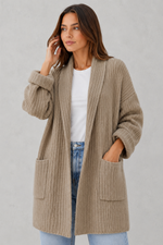 Women's Long Knit Cardigan - Open Front Chunky Knit Pocket Cardigan