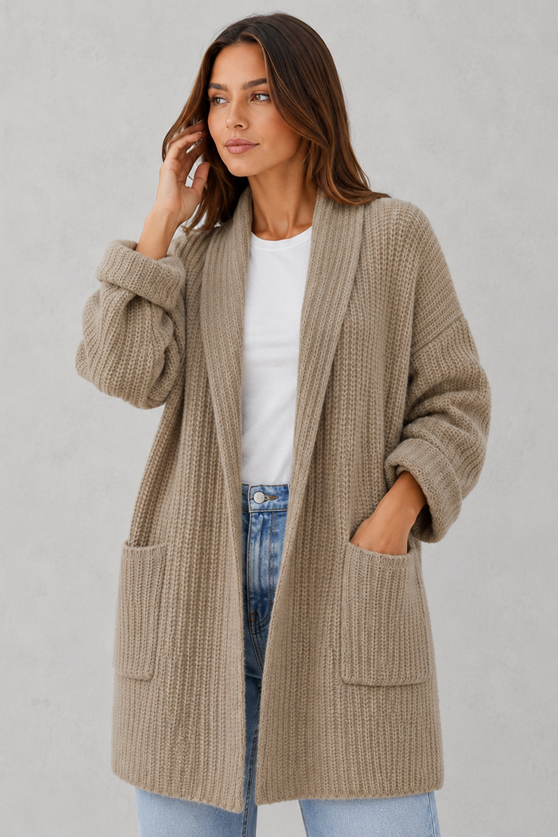 Women's Long Knit Cardigan - Open Front Chunky Knit Pocket Cardigan
