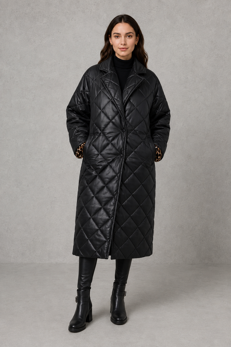 Women’s reversible quilted mid-length coat with a classic plain quilted side and bold leopard-print reverse, featuring lapels and side pockets.