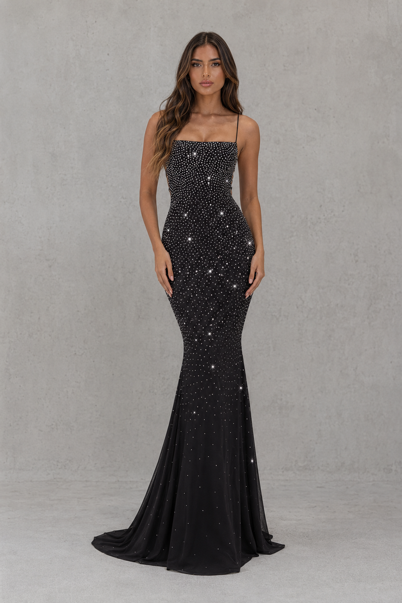 Women’s Rhinestone Embellished Maxi Dress with Lace-Up Back for Evening & Formal Wear