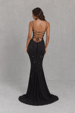 Women’s Rhinestone Embellished Maxi Dress with Lace-Up Back for Evening & Formal Wear