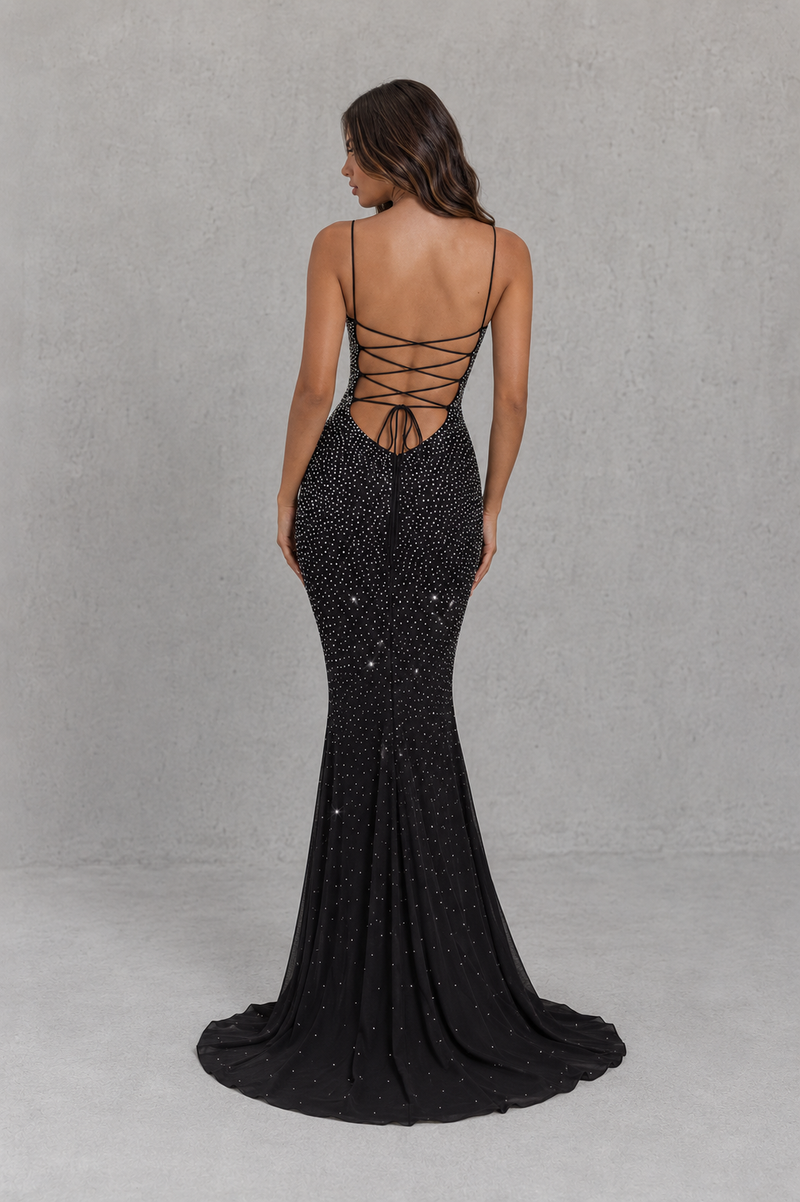 Women’s Rhinestone Embellished Maxi Dress with Lace-Up Back for Evening & Formal Wear