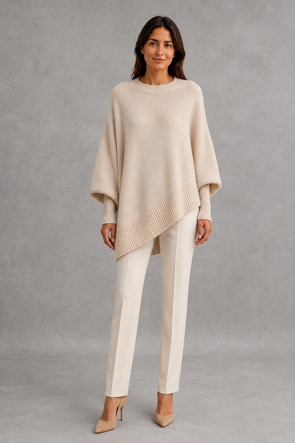 Women’s ribbed high neck knit jumper with long sleeves and a relaxed, softly draped silhouette for autumn and winter wear.
