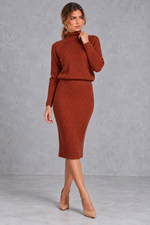 Women's rust chevron rib roll neck midi jumper dress – front view
