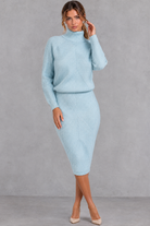 Women's sky blue chevron rib roll neck midi jumper dress – front view