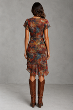 Women’s Ruched Boho Midi Dress with Ruffle Sleeves for Summer Occasion Wear