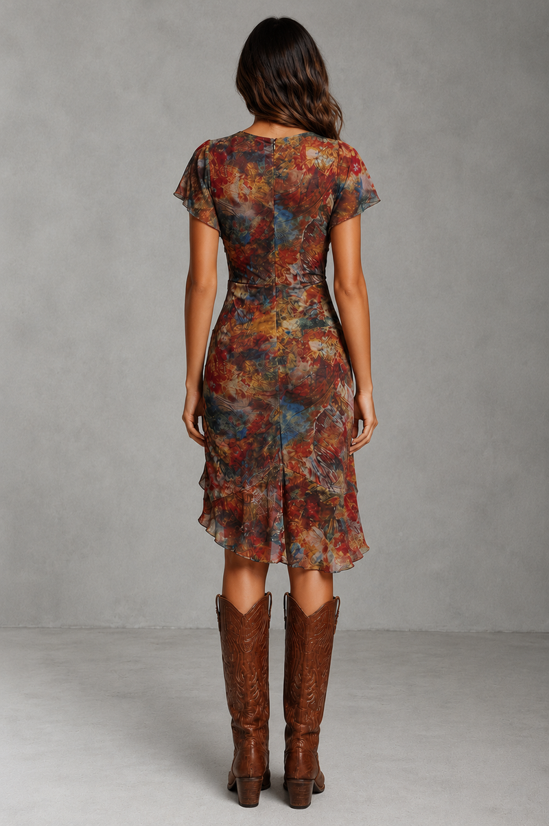 Women’s Ruched Boho Midi Dress with Ruffle Sleeves for Summer Occasion Wear