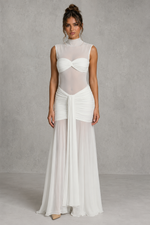 Women’s Ruched Maxi Skirt with Sheer Mesh Hem for Evening & Special Occasion Wear