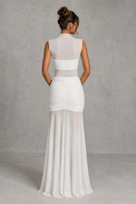 Women’s Ruched Maxi Skirt with Sheer Mesh Hem for Evening & Special Occasion Wear