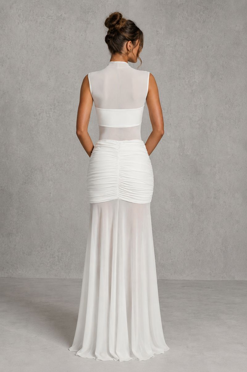 Women’s Ruched Maxi Skirt with Sheer Mesh Hem for Evening & Special Occasion Wear