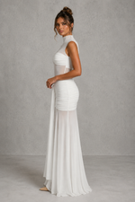 Women’s Ruched Maxi Skirt with Sheer Mesh Hem for Evening & Special Occasion Wear