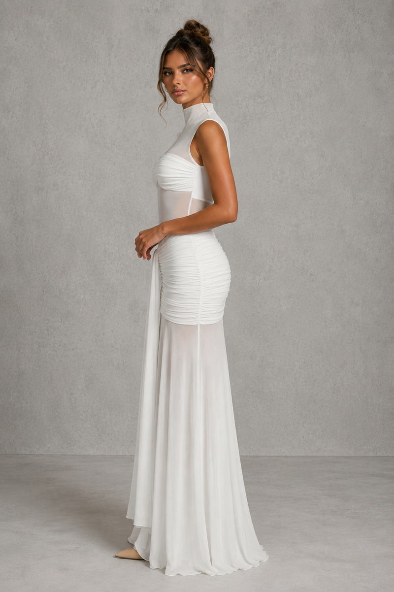 Women’s Ruched Maxi Skirt with Sheer Mesh Hem for Evening & Special Occasion Wear