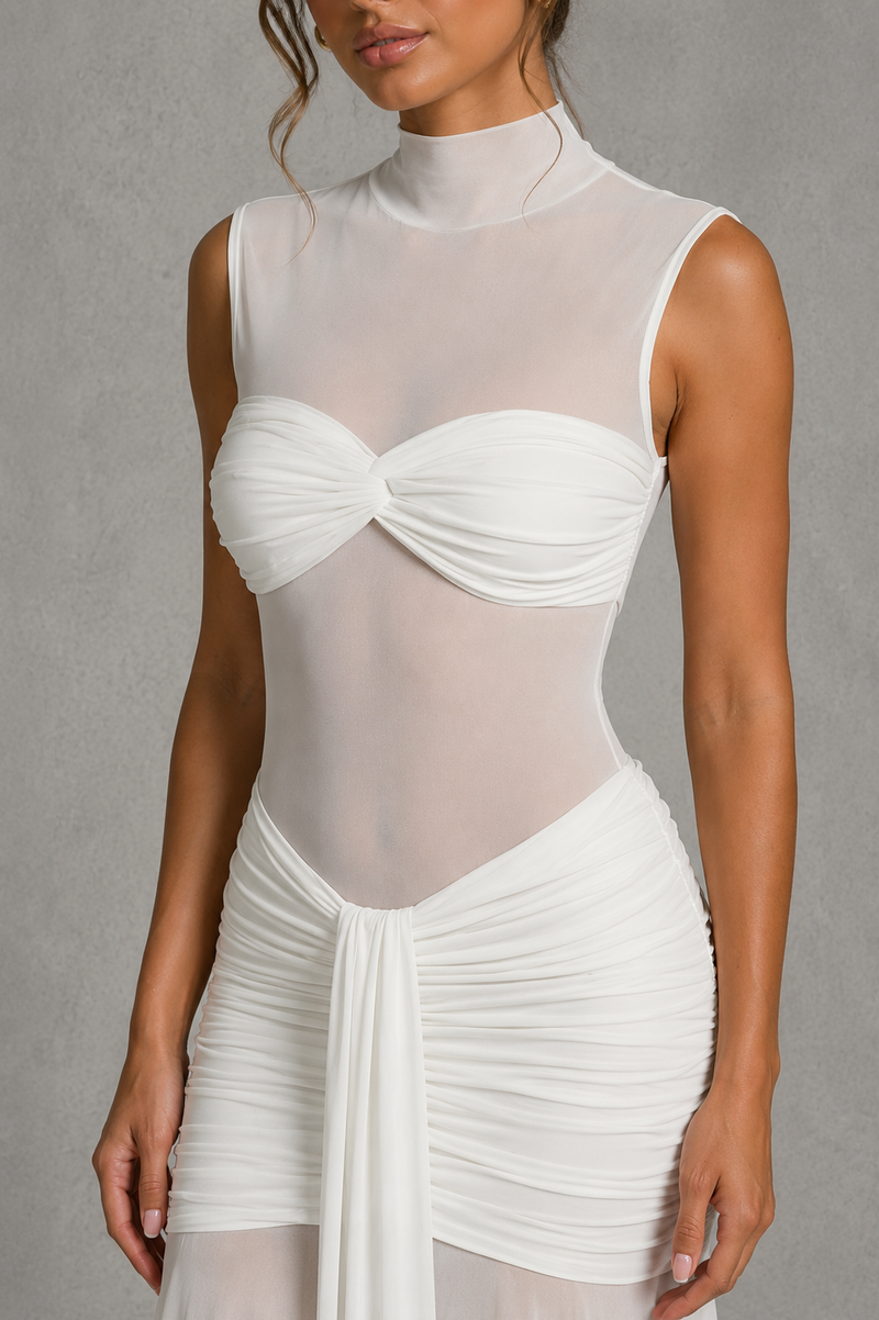 Women’s Ruched Maxi Skirt with Sheer Mesh Hem for Evening & Special Occasion Wear