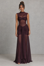 Women’s Ruched Maxi Skirt with Sheer Mesh Hem for Evening & Special Occasion Wear