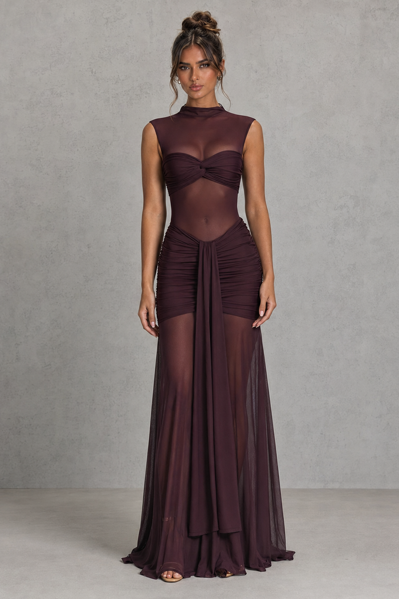Women’s Ruched Maxi Skirt with Sheer Mesh Hem for Evening & Special Occasion Wear