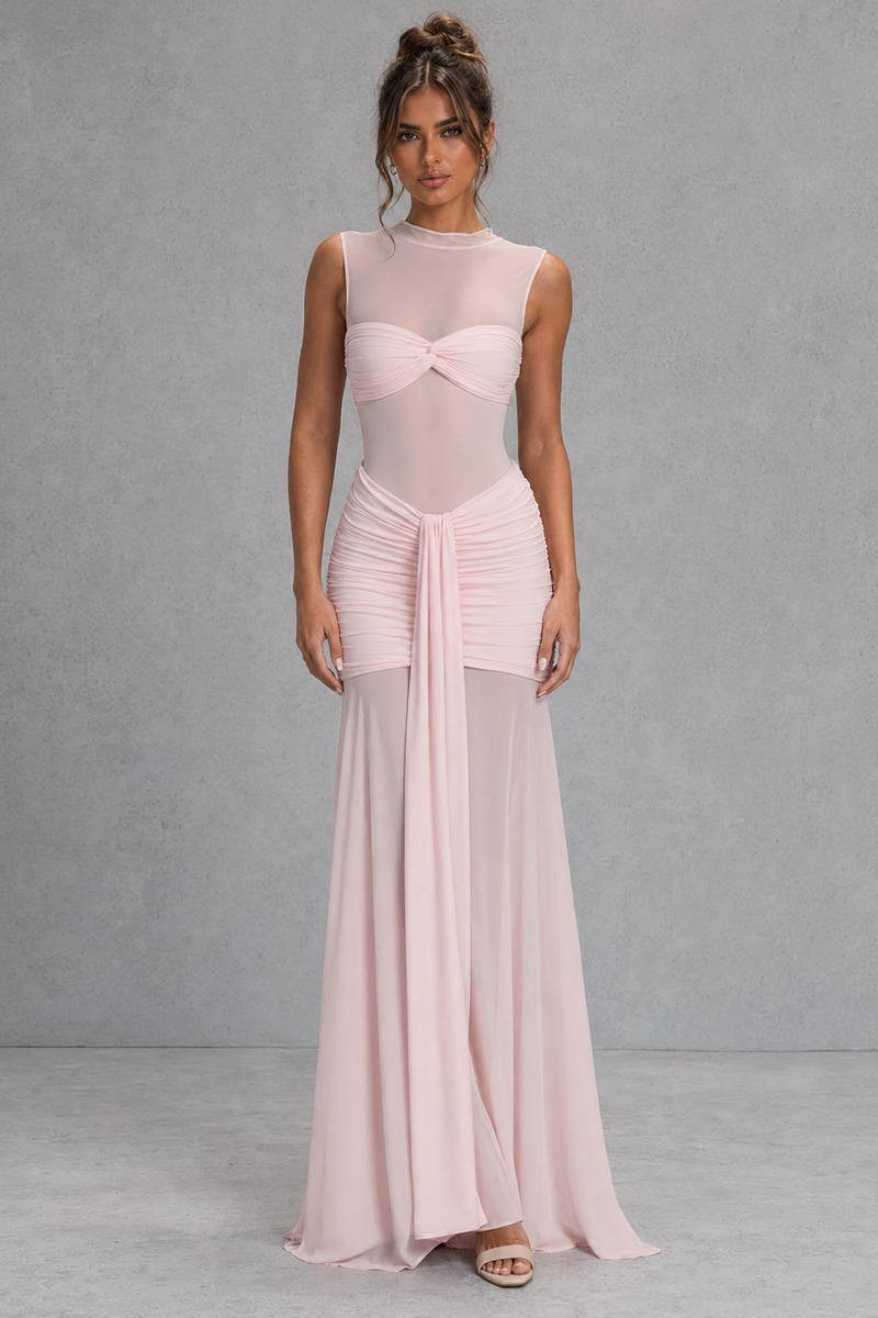 Women’s Ruched Maxi Skirt with Sheer Mesh Hem for Evening & Special Occasion Wear