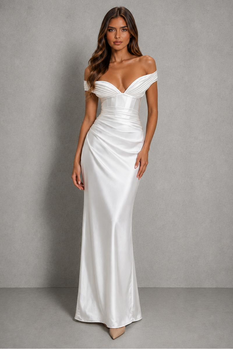 Women’s Satin Bardot Corset Maxi Dress with Lace-Up Back for Evening & Formal Wear