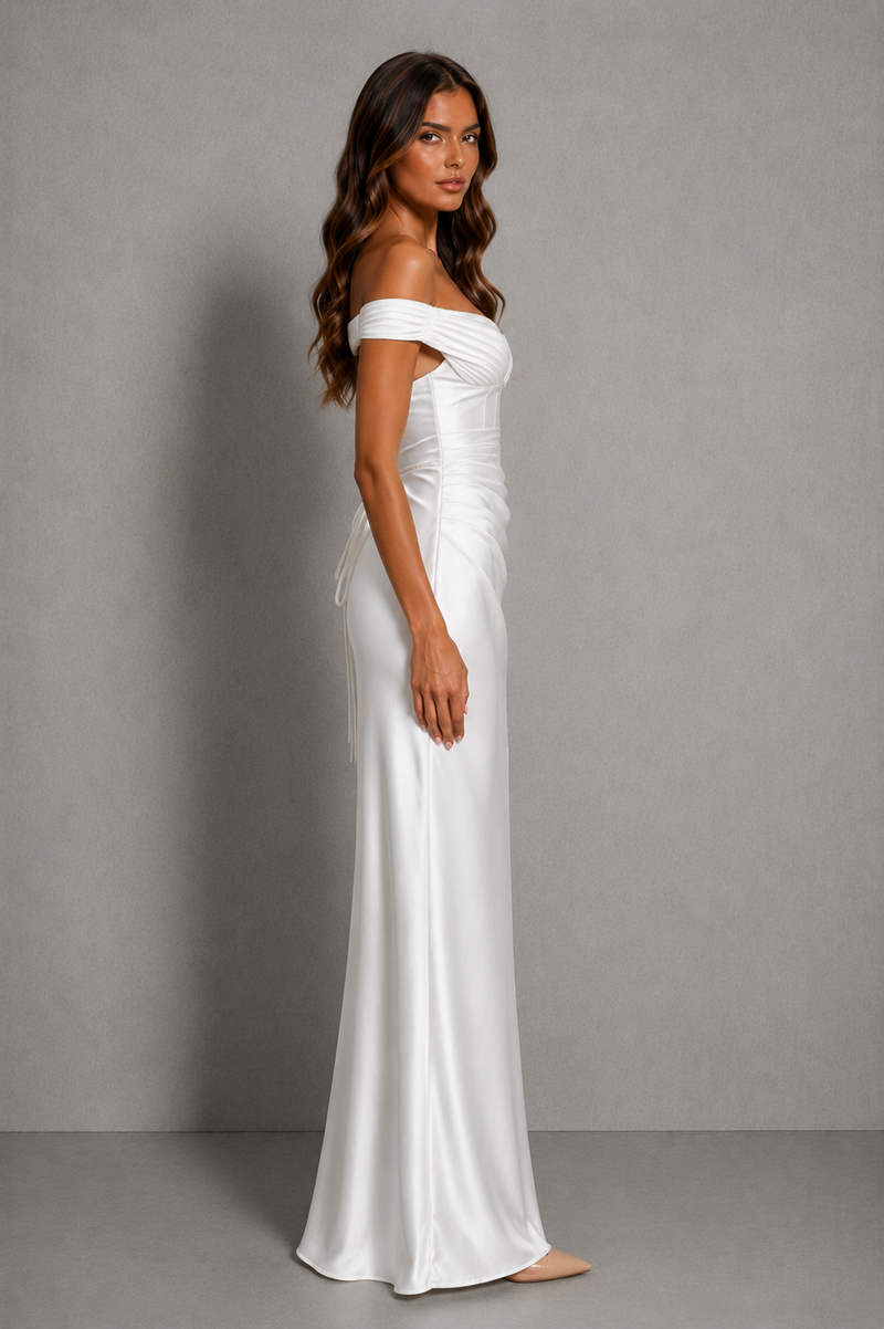 Women’s Satin Bardot Corset Maxi Dress with Lace-Up Back for Evening & Formal Wear