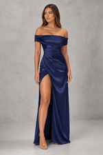 Women’s Satin Bardot Maxi Dress with Corset Waist & High Split for Evening & Formal Wear