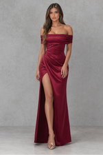 Women’s Satin Bardot Maxi Dress with Corset Waist & High Split for Evening & Formal Wear