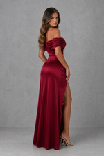 Women’s Satin Bardot Maxi Dress with Corset Waist & High Split for Evening & Formal Wear