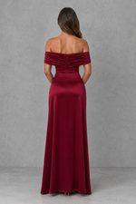 Women’s Satin Bardot Maxi Dress with Corset Waist & High Split for Evening & Formal Wear