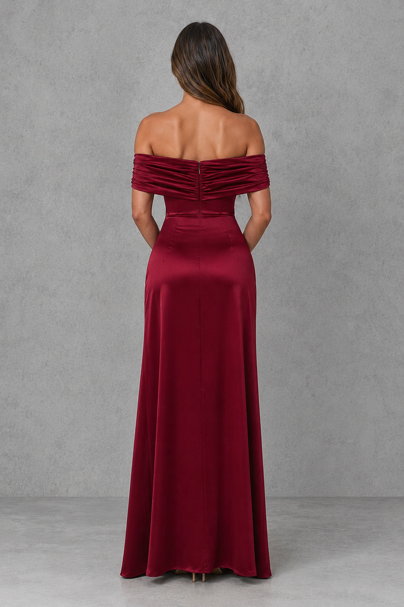 Women’s Satin Bardot Maxi Dress with Corset Waist & High Split for Evening & Formal Wear