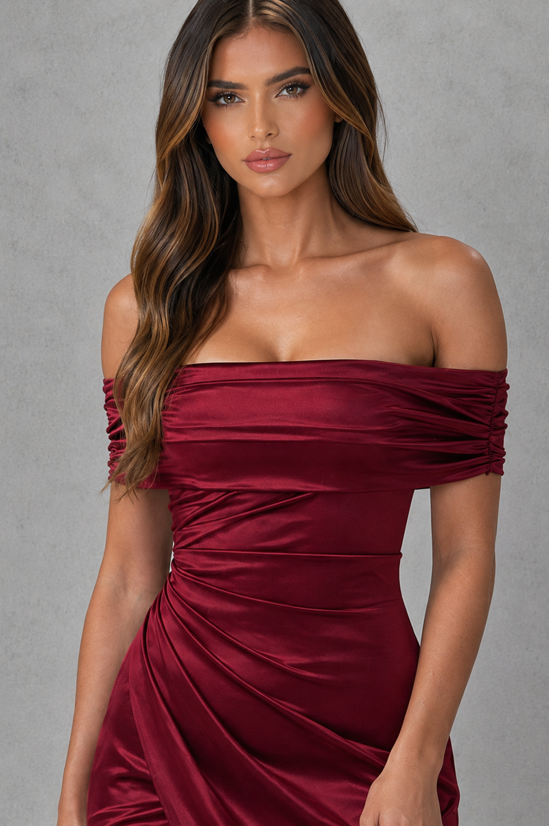 Women’s Satin Bardot Maxi Dress with Corset Waist & High Split for Evening & Formal Wear