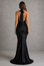 Women’s Satin Halter Maxi Dress with Asymmetric Hem & Keyhole Detail for Wedding & Evening Wear