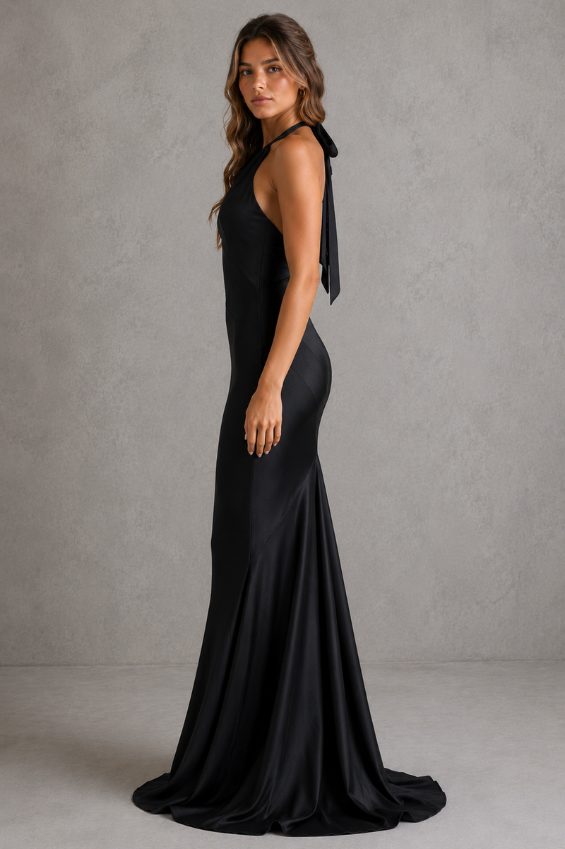 Women’s Satin Halter Maxi Dress with Asymmetric Hem & Keyhole Detail for Wedding & Evening Wear