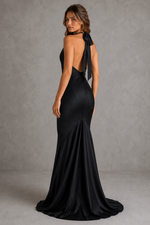 Women’s Satin Halter Maxi Dress with Asymmetric Hem & Keyhole Detail for Wedding & Evening Wear