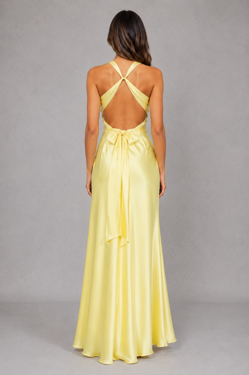 Women’s Satin Halterneck Maxi Dress with Ruched Waist - Wedding Style
