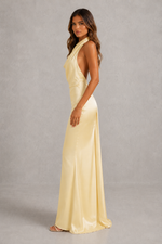 Women’s Satin Maxi Dress with Cowl Halter Neckline & Split Detail