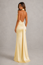 Women’s Satin Maxi Dress with Cowl Halter Neckline & Split Detail