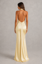 Women’s Satin Maxi Dress with Cowl Halter Neckline & Split Detail