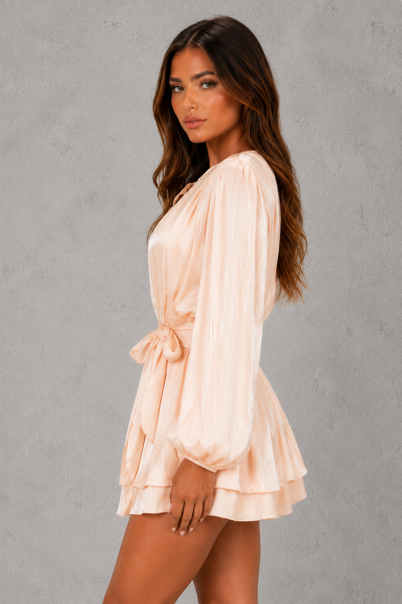 Women’s Satin Midi Dress with Knot Waist Detail & Long Sleeves