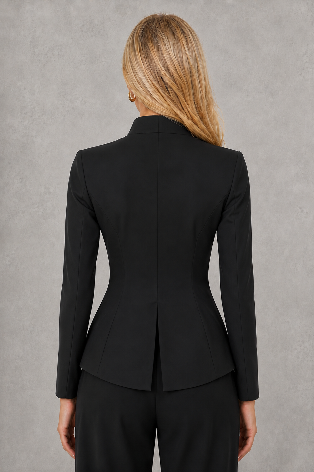 Women's sculpted cut-out blazer with a tailored fit, high neckline, structured shoulders, long sleeves and statement front cut-out, crafted from smooth premium fabric for elegant evening and occasion wear.