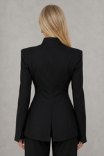 Women's sculpted cut-out blazer with a tailored fit, high neckline, structured shoulders, long sleeves and statement front cut-out, crafted from smooth premium fabric for elegant evening and occasion wear.