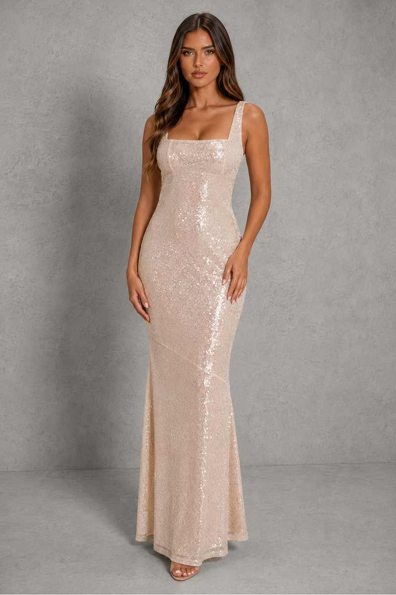 Women’s Sequin Maxi Dress with Square Neck & Scoop Back for Evening & Formal Wear