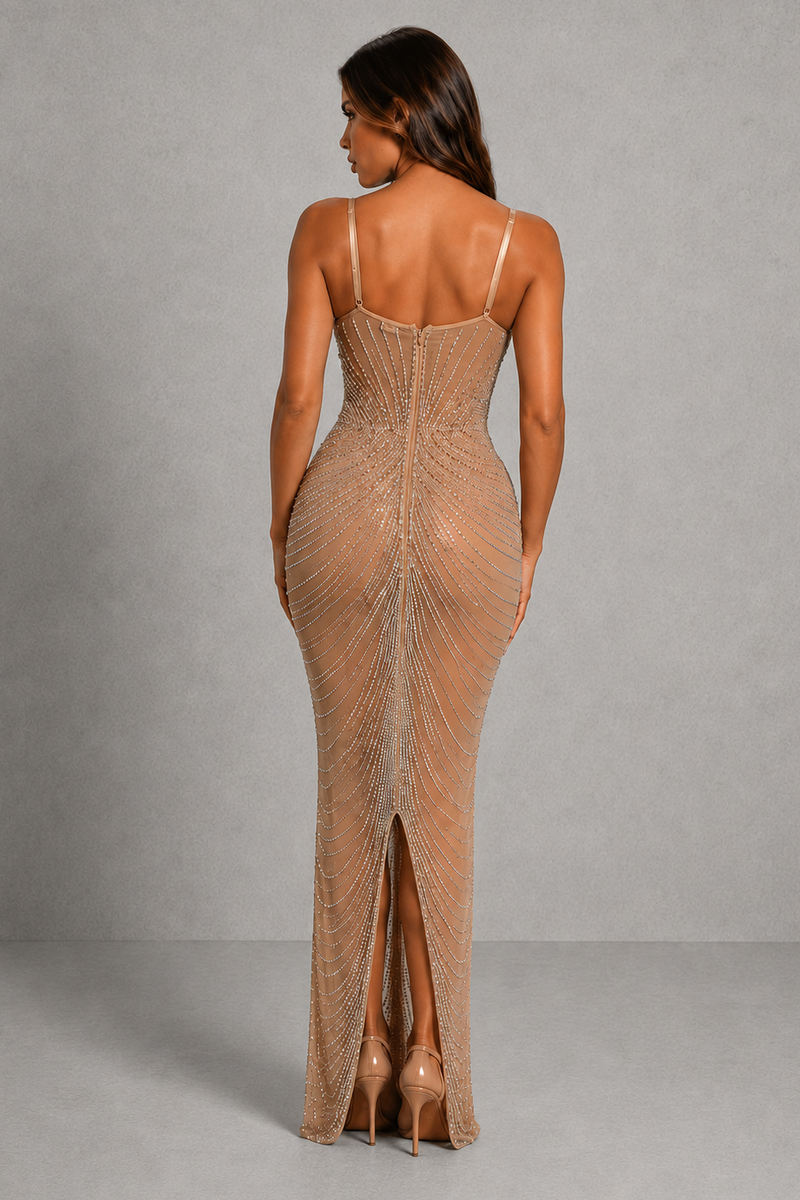Women’s Sheer Mesh Rhinestone Bodycon Maxi Dress with Spaghetti Straps for Party & Evening Wear