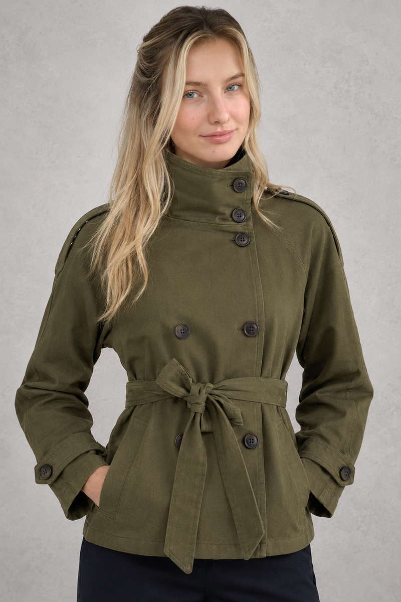 Women's short belted trench coat in a classic tailored design with an adjustable waist belt, lightweight fabric and a flattering fit, ideal for spring, autumn and everyday wear.