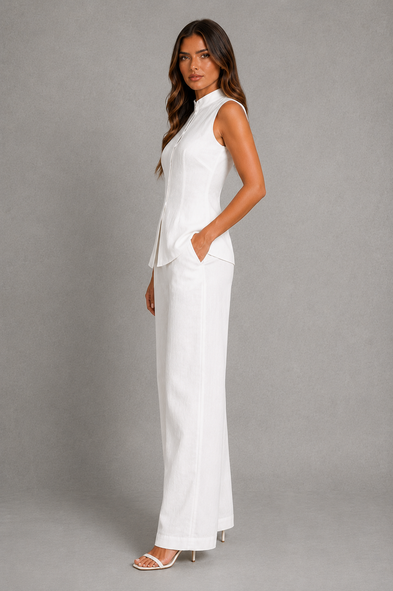 A woman modeling a white sleeveless high-neck jumpsuit with wide-leg pants and side pockets, standing against a neutral gray studio backdrop.